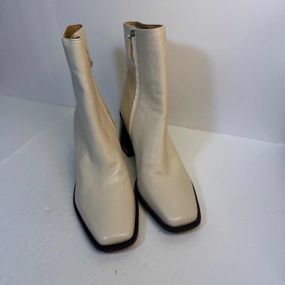 Sam Edelman Winnie Cream Leather Square Toe Block Heel Ankle Boots Size 10 M
